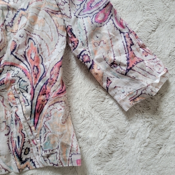 ✨CL Chico's 100% Linen Paisley Pastel Color Print Full Zip 3/4 Sleeve Blazer 0 - Picture 9 of 13